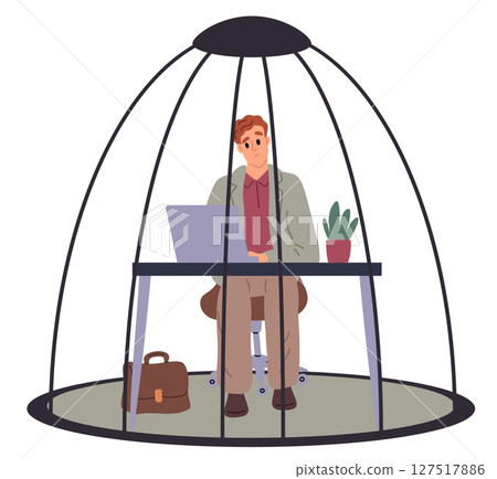 Businessman works tiredly in metal birdcage. Overworked sad man sitting at computer desk in cage. Hopelessness and burnout tired employee. Trapped worker. Office prison. Vector concept Businessman works tiredly in metal birdcage. Overworked sad man sitting at computer desk in cage. Hopelessness and burnout tired employee. Trapped worker. Office prison. Vector concept 127517886