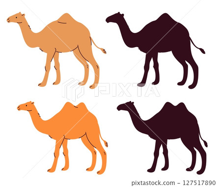 Camel with one or two humps on back silhouette. Dromedary dromedary. Arabic travel and transportation. Sahara journey. Wild and domestic mammal. Desert animal icon. Vector logo set Camel with one or two humps on back silhouette. Dromedary dromedary. Arabic travel and transportation. Sahara journey. Wild and domestic mammal. Desert animal icon. Vector logo set 127517890