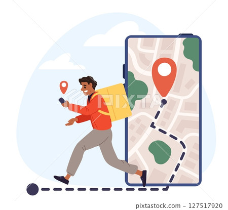 Courier with backpack and map on cell phone goes to address. Traffic route GPS pin. Roadmap navigation to client location. Delivery service. Deliveryman carries order. Vector concept Courier with backpack and map on cell phone goes to address. Traffic route GPS pin. Roadmap navigation to client location. Delivery service. Deliveryman carries order. Vector concept 127517920