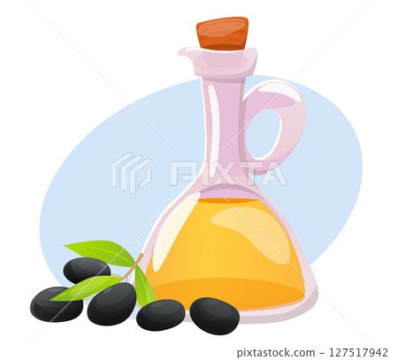 Olive oil in glass jar next to sprig. Vegetarian organic product. Bottle with cork. Cooking fruit. Natural plant leaves. Oily berries. Diet vegan ingredient. Vector healthy food object 127517942