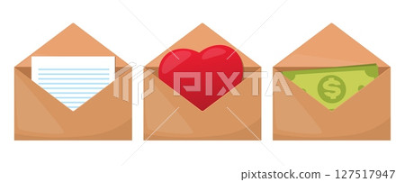 Open envelopes with letter, heart and cash. Document send. Charity love. Finance sponsor. Money banknotes payment. Communication chat. Fundraising pay. Nonprofit support. Vector mails set 127517947