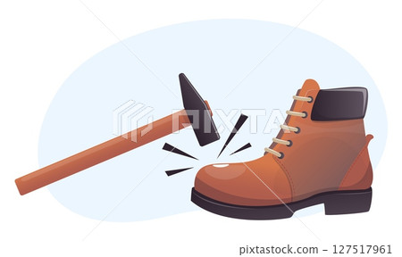 Safety for work shoes against hammering or falling loads. Protective uniform boot. Shoemaker workshop. Hammer hit. Footwear fix and repair. Foot protection. Hard footgear. Vector concept Safety for work shoes against hammering or falling loads. Protective uniform boot. Shoemaker workshop. Hammer hit. Footwear fix and repair. Foot protection. Hard footgear. Vector concept 127517961