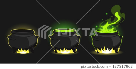 Scenes of animation cooking potion in magic cauldron. Magical elixir pan with green steam. Alchemy pot on fire. Witchcraft laboratory. Poison boiler. Boiling process steps vector set Scenes of animation cooking potion in magic cauldron. Magical elixir pan with green steam. Alchemy pot on fire. Witchcraft laboratory. Poison boiler. Boiling process steps vector set 127517962