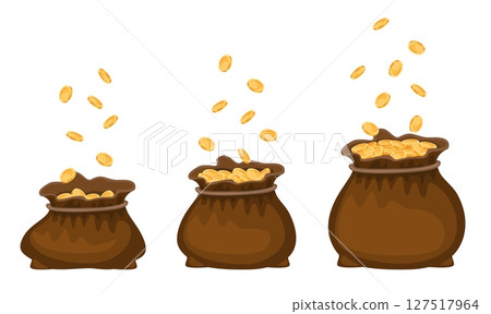 Stages filling cloth bag with gold coins. Ancient treasure sack. Medieval pouch. Wealth in pocket. Full moneybag. Economy profit pack. Financial success. Money earning steps vector set 127517964