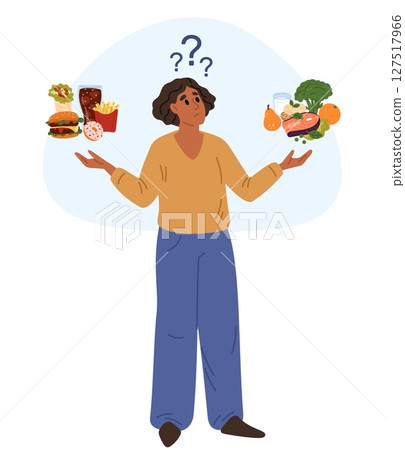 Thoughtful fat woman chooses between healthy and unhealthy eating habits. Choice dilemma. Diet comparison. Confused girl thinking about nutrition question. Pensive female. Vector concept 127517966