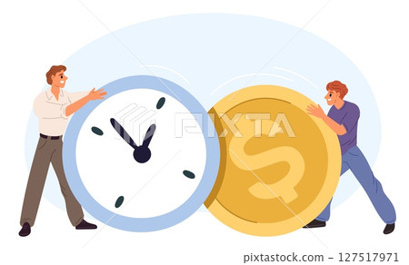 Two men pushing watch and coin towards each other. Exchange time for money. Costs of hour. Finance earning and employment. Businessmen transfer clock and cash finance. Vector concept Two men pushing watch and coin towards each other. Exchange time for money. Costs of hour. Finance earning and employment. Businessmen transfer clock and cash finance. Vector concept 127517971