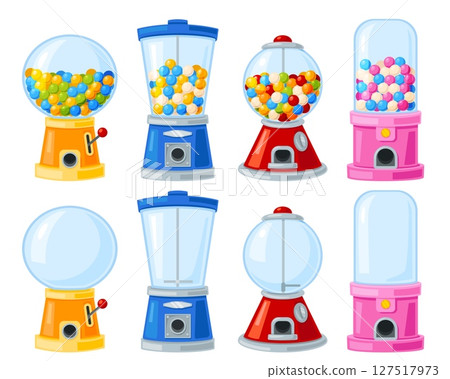 Vending machines. Dispensers empty and with colorful chewing gums. Food selling slot equipment. Gashapon balls. Caramel sweets distributor. Bubble dispense. Gacha containers vector set 127517973