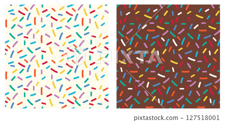 Rainbow Sprinkle Donut Pattern with Seamless Background Featuring Sweet Glaze and Colorful Candy Sugar Vermicelli for Fun Bakery Illustration and Dessert Inspired Texture Design 127518001