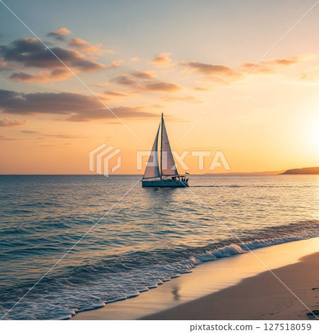 Image showing a sailboat on sea navigating towards the sunset Image showing a sailboat on sea navigating towards the sunset 127518059