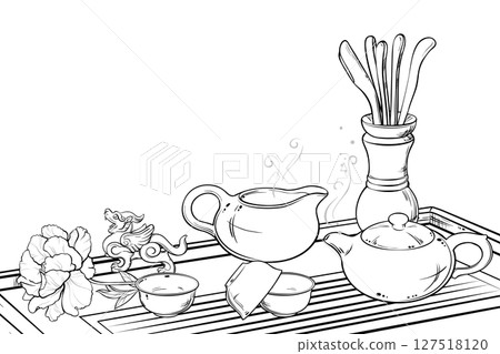 Tea Ceremony Vector Isolated Outline Illustration for Design and Decoration for Cafeteria, Posters, Banners, Cards. Tea Ceremony Vector Isolated Outline Illustration for Design and Decoration for Cafeteria, Posters, Banners, Cards. 127518120