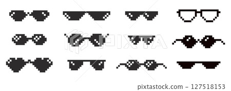Pixel glasses 8 bit y2k, sunglasses. Meme icon, googgles. Mafia meme prank funny black hipster eyeglasses for gangster  127518153