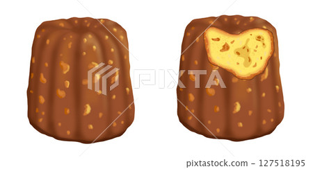 One canelé, illustration of a canelé eaten in one bite, clip art, illustration, png, transparent background 127518195