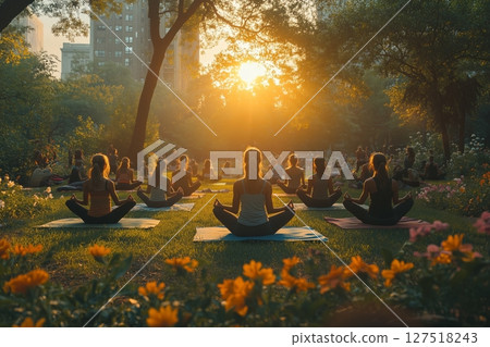 a group yoga class taking place on a lawn in a green urban park, participants surrounded by blooming flowers and tall trees 127518243