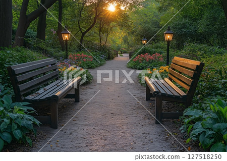 a peaceful walking trail lined with benches and lanterns a peaceful walking trail lined with benches and lanterns 127518250