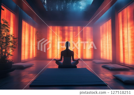 a person meditating in a room lit by calming, customizable LED light panels with a soft gradient glow, minimalist and serene interior a person meditating in a room lit by calming, customizable LED light panels with a soft gradient glow, minimalist and serene interior 127518251