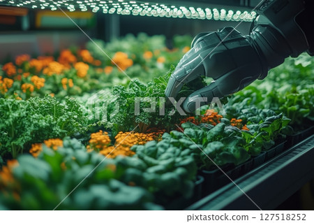 a robotic arm harvesting lettuce in a high tech indoor farm a robotic arm harvesting lettuce in a high tech indoor farm 127518252