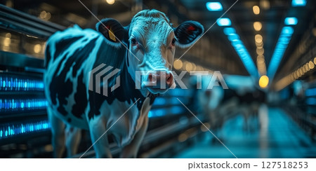 a robotic milking system in action, with a cow standing patiently and other cows in the background, sleek futuristic equipment a robotic milking system in action, with a cow standing patiently and other cows in the background, sleek futuristic equipment 127518253