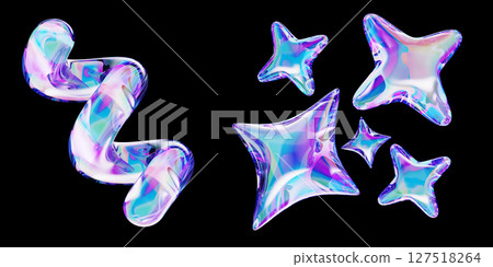 Holographic y2k crystal stars and spiral line. Liquid glass inflatable 3d shapes with bright neon gradient isolated on black background. Iridescent abstract geometric elements render. 3D illustration 127518264