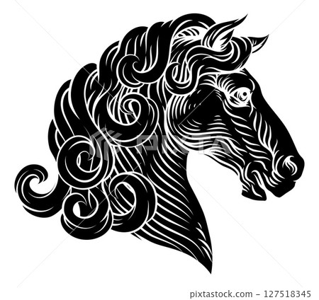 Horse Head Woodcut Etching Vintage Style 127518345