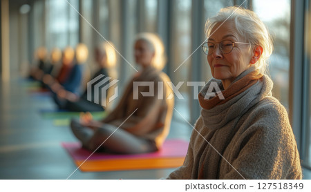 a yoga class for elderly people, participants in relaxed poses on colorful mats 127518349