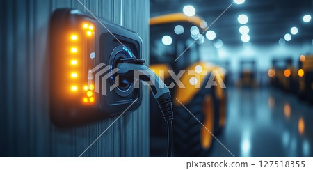 an electric tractor connected to a charging station in a barn, clean modern machinery in focus, blank right side for text an electric tractor connected to a charging station in a barn, clean modern machinery in focus, blank right side for text 127518355
