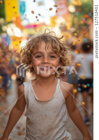 a child participating in a Sabantuy race, focused expression, with a blurred crowd and vibrant festival banners in the background, soft afternoon light a child participating in a Sabantuy race, focused expression, with a blurred crowd and vibrant festival banners in the background, soft afternoon light 127518401