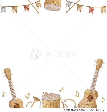 Frame musical instruments watercolor, hand drawn illustration guitar drum trumpet notes garland festive. Template square for invitation design, concert program, orchestra postcard poster nursery decor 127518417
