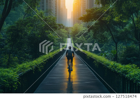 a cyclist entering an eco friendly urban bridge with a separate bike path a cyclist entering an eco friendly urban bridge with a separate bike path 127518474
