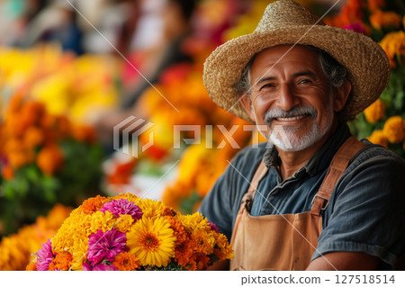 a flower vendor arranging a colorful bouquet at a market stall during Feria de las Flores, with bustling activity 127518514