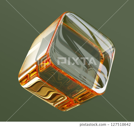 Gold glass cube 3d icon isolated on green background. Luxury crystal block, golden square box with rounded corners and light refraction. Abstract geometric shape, render decor element. 3D illustration Gold glass cube 3d icon isolated on green background. Luxury crystal block, golden square box with rounded corners and light refraction. Abstract geometric shape, render decor element. 3D illustration 127518642