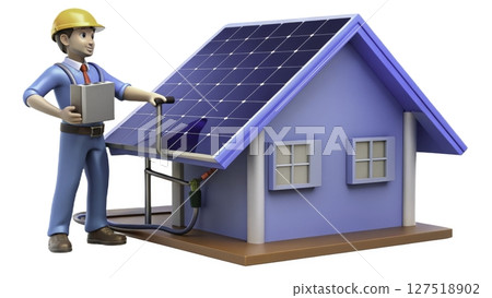 Solar panel installation on a small blue house by a technician in bright work attire Solar panel installation on a small blue house by a technician in bright work attire 127518902