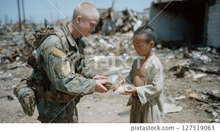 Heartwarming moment in post-war Japan when a US soldier offers sweets to a boy 127519063
