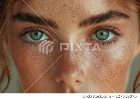 Portrait of a woman with freckles and clear eyes 127519070