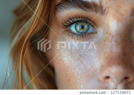 Portrait of a woman with freckles and clear eyes 127519071