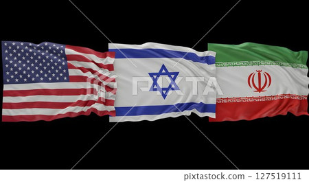 Flags of the United States, Israel, and Iran waving side by side. International relations and diplomacy concept. Flags of the United States, Israel, and Iran waving side by side. International relations and diplomacy concept. 127519111