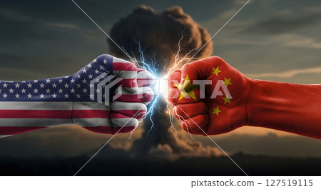 Two male fists, one with american flag and one with china flag, punch each other producing lightning. Concept of conflict tension and trade war. Two male fists, one with american flag and one with china flag, punch each other producing lightning. Concept of conflict tension and trade war. 127519115