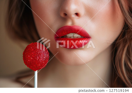 lollipop on stick on background of a woman face with red open lips 127519194