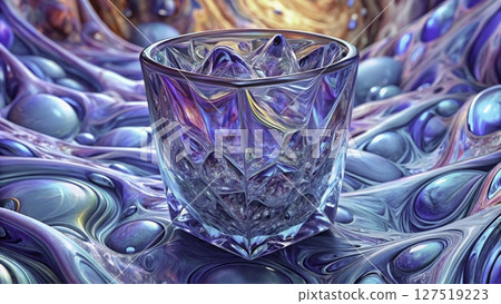 Colorful glass filled with ice cubes surrounded by swirling blue and purple liquid texture in a vibrant setting Colorful glass filled with ice cubes surrounded by swirling blue and purple liquid texture in a vibrant setting 127519223