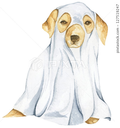 Watercolor Ghost Dog. Trick or Treat. Hand Drawn Halloween Dogs Illustration. Spooky Pet Costume. 127519247