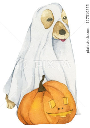 Watercolor Ghost Dog. Trick or Treat. Hand Drawn Halloween Dogs Illustration. Spooky Pet Costume. 127519255