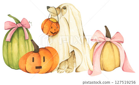 Watercolor Ghost Dog. Trick or Treat. Hand Drawn Halloween Dogs Illustration. Spooky Pet Costume. Watercolor Ghost Dog. Trick or Treat. Hand Drawn Halloween Dogs Illustration. Spooky Pet Costume. 127519256