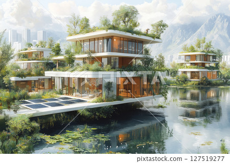 a floating sustainable city, with solar panels integrated into platforms and surrounding futuristic buildings, all connected by bridges and lush greenery 127519277