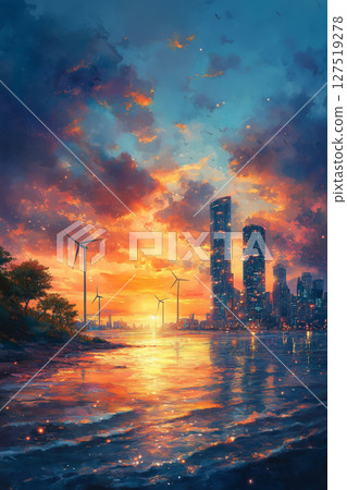 a futuristic coastal city with sleek wind turbines dotting the shoreline, modern eco friendly skyscrapers, and soft waves under a golden sunset 127519278