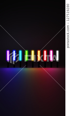 黑色背景上9支彩色筆燈。 3D（垂直） 127519280