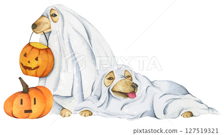 Watercolor Ghost Dog. Trick or Treat. Hand Drawn Halloween Dogs Illustration. Spooky Pet Costume. 127519321