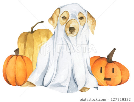 Watercolor Ghost Dog. Trick or Treat. Hand Drawn Halloween Dogs Illustration. Spooky Pet Costume. 127519322
