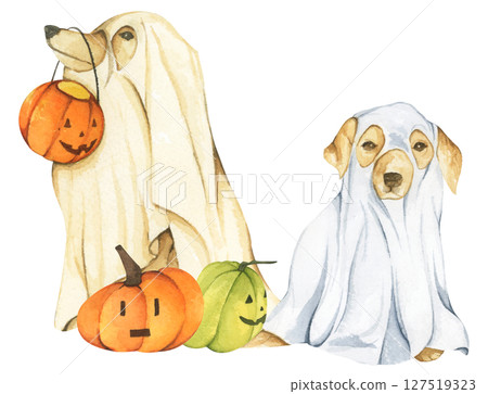 Watercolor Ghost Dog. Trick or Treat. Hand Drawn Halloween Dogs Illustration. Spooky Pet Costume. Watercolor Ghost Dog. Trick or Treat. Hand Drawn Halloween Dogs Illustration. Spooky Pet Costume. 127519323
