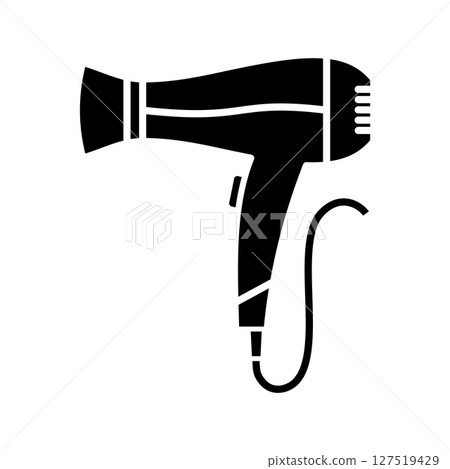 Hair dryer icon for salon or beauty designs. Black silhouette of electric hair dryer device. Hair dryer icon for salon or beauty designs. Black silhouette of electric hair dryer device. 127519429