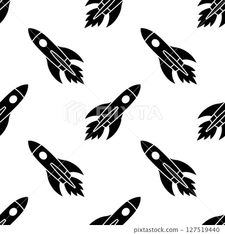 Seamless pattern, flying rocket. Space travel. Creative idea symbol. Rocket ship with fire. 127519440