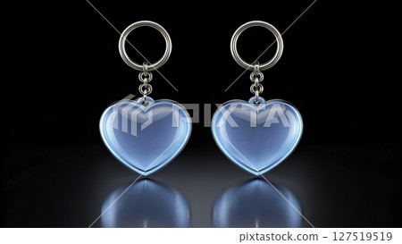 Heart-shaped keychains in bright blue color with reflective surface showcased against a black background for a striking visual impact 127519519